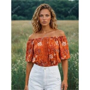 Orange Floral Off-Shoulder Crop Top